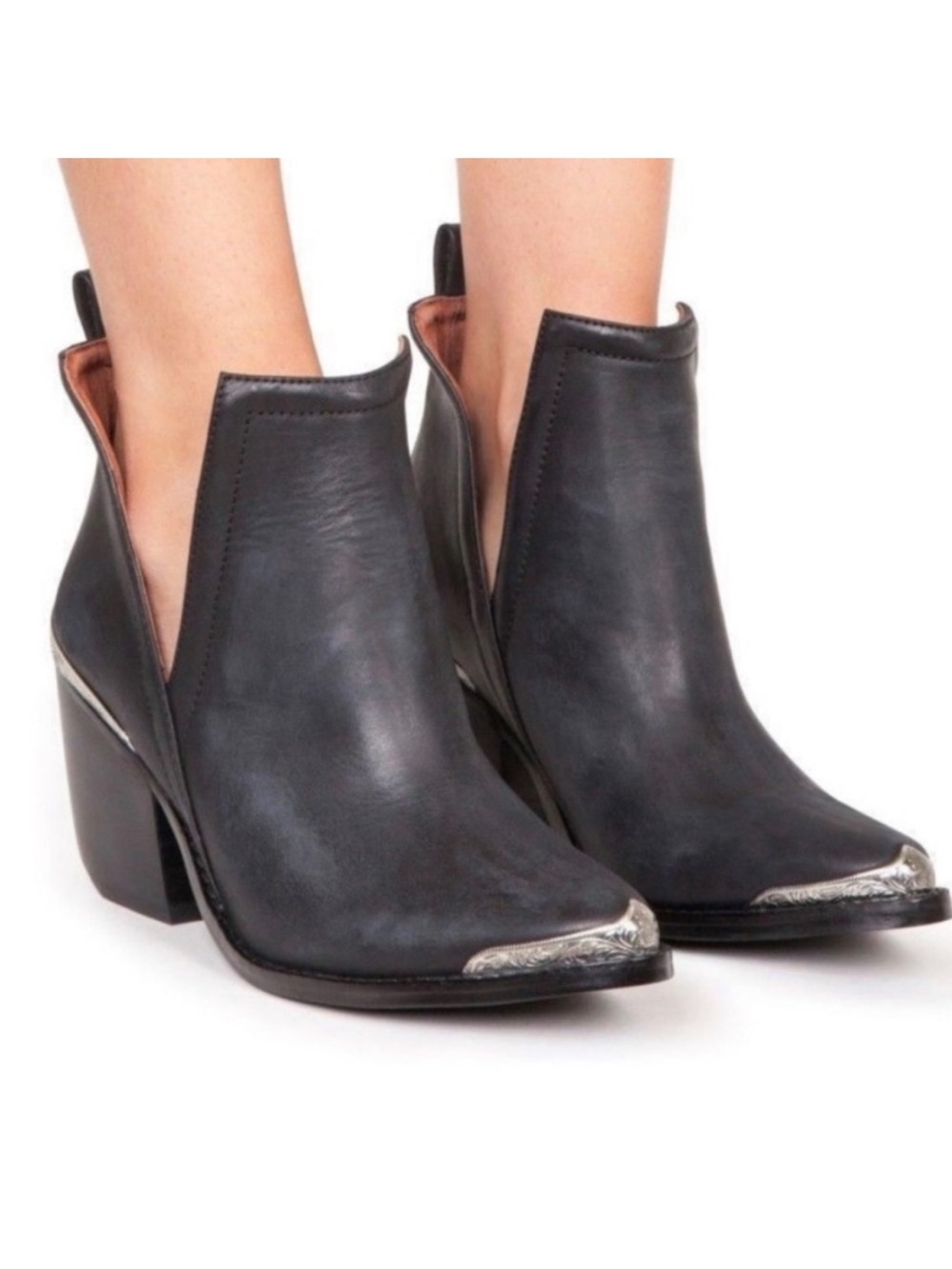 Jeffrey Campbell Cromwell Black Ankle Boots with Silver Toe Detail